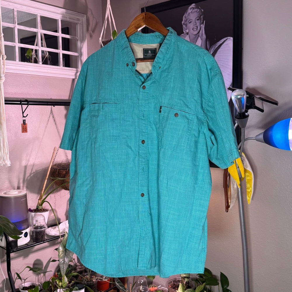 G.H. Bass Button Down Shirt Men XXL Teal Excellent Short Sleeve Microgrid Pocket